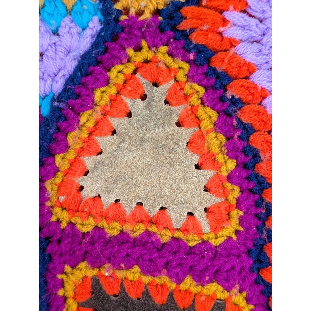Vintage 70s Dayne Taylor Crochet Granny Square Tank Top Suede Patches Boho L - Picture 7 of 8